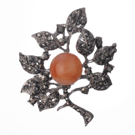 Broșe - Brosa metalica argintie crenguta cu piatra sintetica portocalie si pietre stralucitoare
