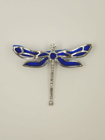 BIJUTERII - Brosa metalica argintie cu albastru electric, libelula cu pietricele argintii