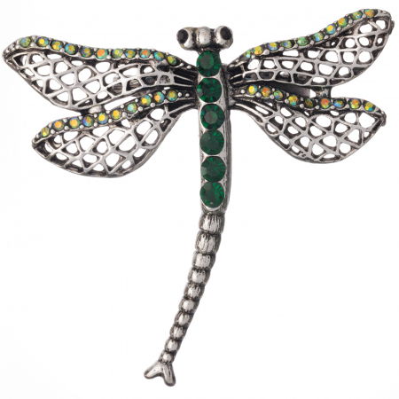 PROMOȚII - Brosa metalica argintie cu pietricele verzi, libelula cu coada curbata