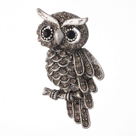 Promoții Accesorii & Bijuterii - Brosa metalica argintie cu pietricele fatetate argintii, bufnita simbol al cunoasterii si intelepciunii