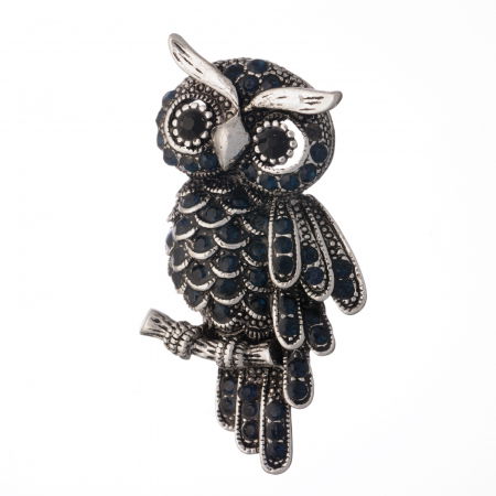 Promoții Accesorii & Bijuterii - Brosa metalica argintie cu pietricele fatetate bleumarin, bufnita simbol al cunoasterii si intelepciunii