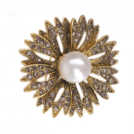 Broșe - Brosa metalica aurie cu pietricele mici, floare cu perla sintetica