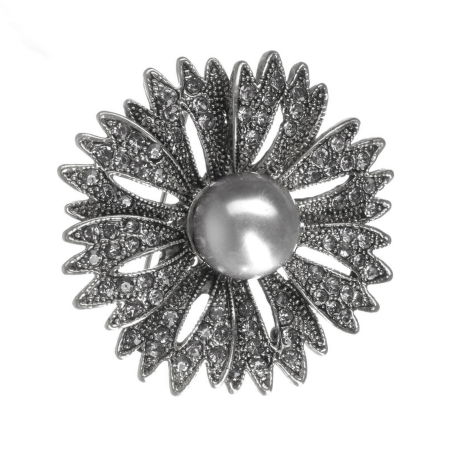 Broșe - Brosa metalica argintie cu pietricele mici, floare cu perla sintetica