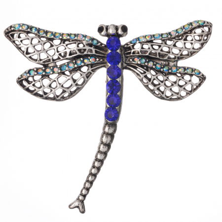 PROMOȚII - Brosa metalica argintie cu pietricele albastre, libelula cu coada curbata