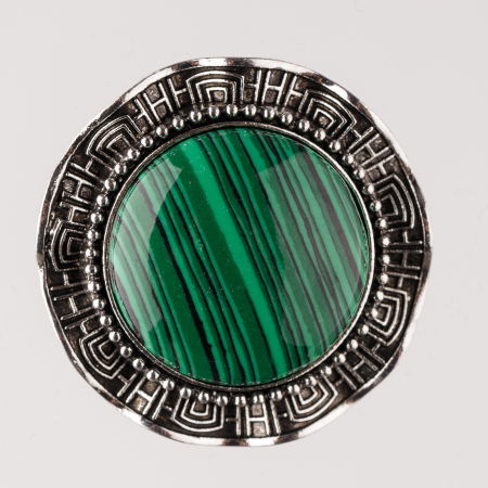 Broșe - Brosa metalica argintie, rotund cu piatra naturala de malachit