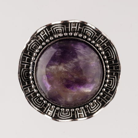 Broșe - Brosa metalica argintie, rotund cu piatra naturala de ametist