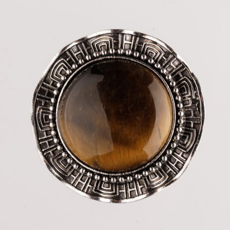 Broșe - Brosa metalica argintie, rotund cu piatra naturala de ochi de tigru