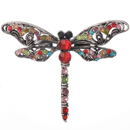 Promoții Accesorii & Bijuterii - Brosa metalica argintie, libelula cu pietricele rosii si multicolore