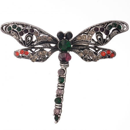 BIJUTERII - Brosa metalica argintie, libelula cu pietricele multicolore, verzi si mov