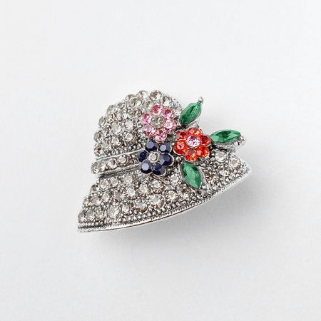 Bijuterii Noutați - Brosa metalica argintie palariuta cu pietricele argintii si flori multicolore