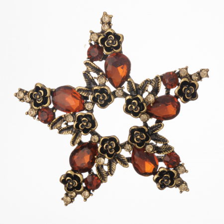 Broșe - Brosa metalica aurie stea cu flori miniaturale si pietricele albe si roscate