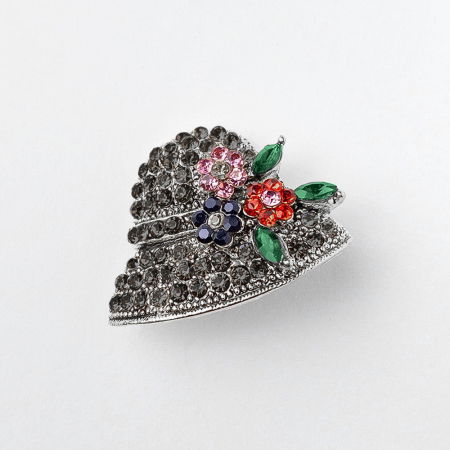 Bijuterii Noutați - Brosa metalica argintiu antichizat palariuta cu pietricele argintii si flori multicolore