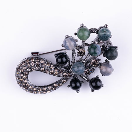 BIJUTERII - Brosa metalica argintiu inchis crenguta cu pietre naturale de aventurin si agata