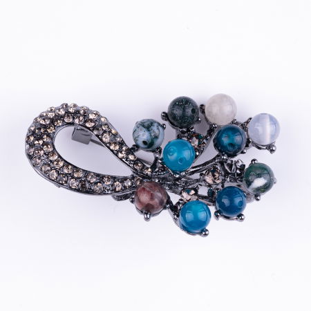 Broșe - Brosa metalica argintiu inchis crenguta cu pietre naturale de agate, jasp si cuart roz