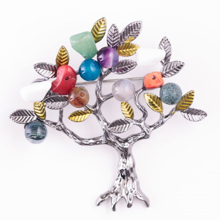 Broșe - Brosa metalica argintiu inchis Pomul Vietii cu pietre naturale de carneol, coral, aveturin si agate