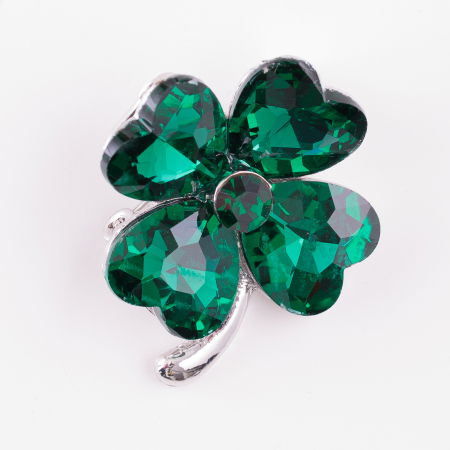 Broșe - Brosa metalica aurie trifoi cu patru foi din sticla fatetata verde smarald