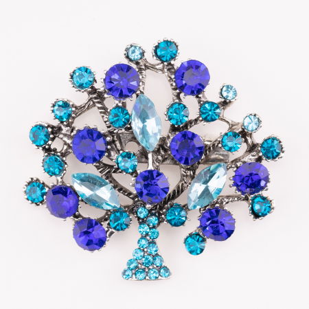 Promoții Accesorii & Bijuterii - Brosa metalica argintie Pomul Vietii cu pietricele in nuante de albastru