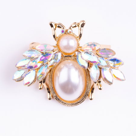Broșe - Brosa metalica aurie albinuta cu perle sintetice si pietre stralucitoare