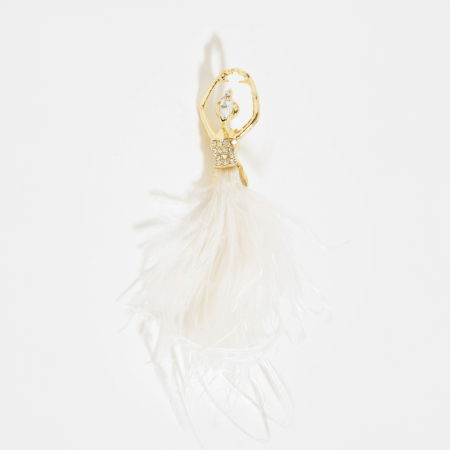 Broșe - Brosa metalica aurie balerina cu pietricele argintii si rochita din pene albe si fine