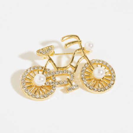 Broșe - Brosa metalica aurie - bicicleta cu perle si pietricele fine albe