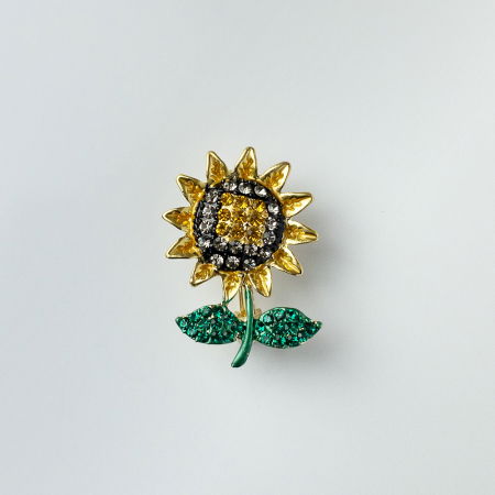 BIJUTERII - Brosa metalica aurie floarea soarelui miniaturala cu pietricele galbene si frunze verzi