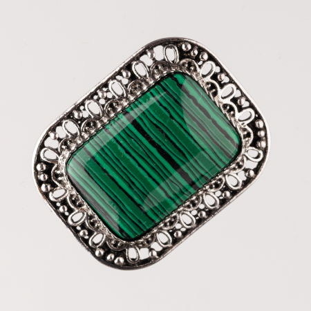 Broșe - Brosa metalica argintie, dreptunghi cu piatra naturala de malachit