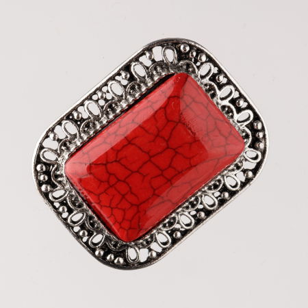 Broșe - Brosa metalica argintie, dreptunghi cu piatra naturala de coral sintetic