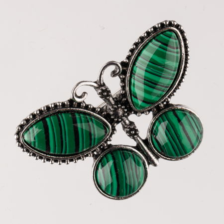 BIJUTERII - Brosa metalica argintie fluture cu pietre naturale din malachit