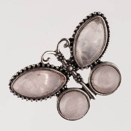 Broșe - Brosa metalica argintie fluture cu pietre naturale din cuart roz