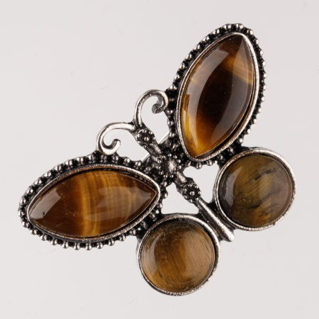 BIJUTERII - Brosa metalica argintie fluture cu pietre naturale din ochi de tigru