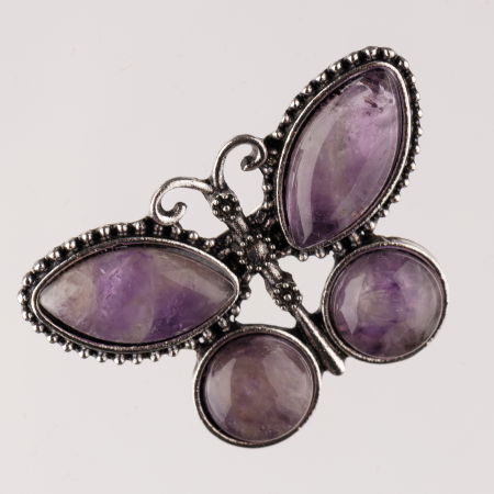 BIJUTERII - Brosa metalica argintie fluture cu pietre naturale din ametist