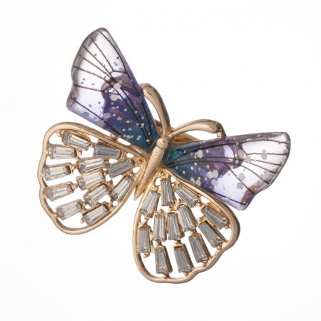 Bijuterii Fashion - Brosa metalica aurie, fluture cu aripi movulii si pietricele albe