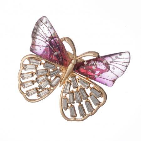 Bijuterii Fashion - Brosa metalica aurie, fluture cu aripi fucsia si pietricele albe