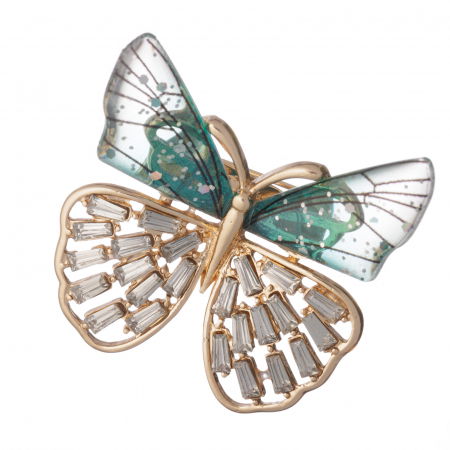 Bijuterii Fashion - Brosa metalica aurie, fluture cu aripi albastru verzui si pietricele albe
