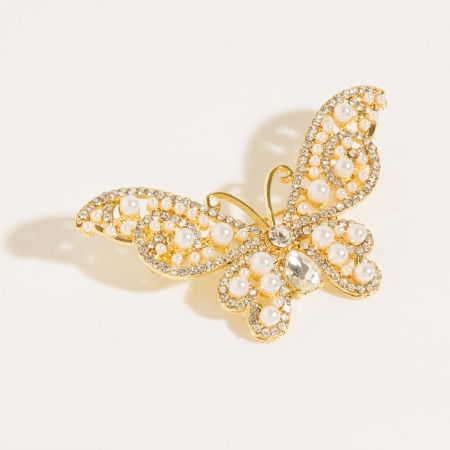 Brosa metalica aurie fluture cu perle si pietre mici, fine [1]
