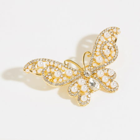 Broșe - Brosa metalica aurie fluture cu perle si pietre mici, fine