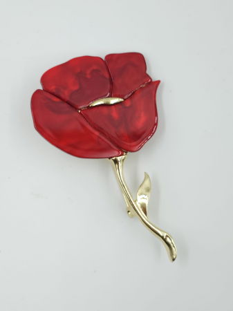 Broșe - Brosa metalica aurie, mac rosu, produs premium