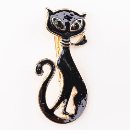 Bijuterii Noutați - Brosa metalica aurie pisica neagra