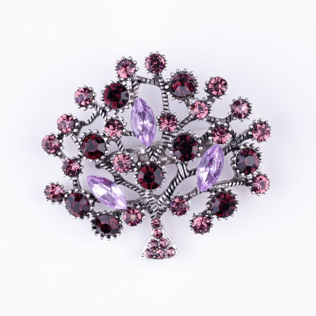 Promoții Accesorii & Bijuterii - Brosa metalica argintie Pomul Vietii cu pietricele mov si lila