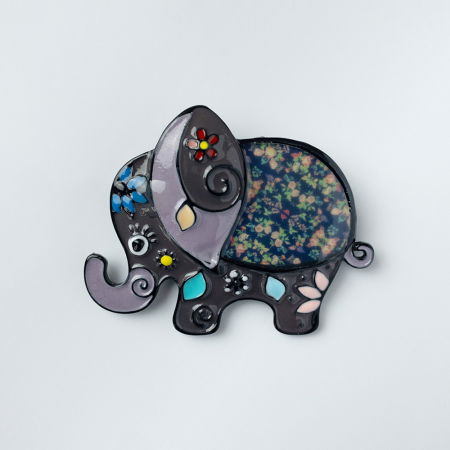 Broșe - Brosa metalica, elefant cu trompa in sus in nuante de albastru si gri