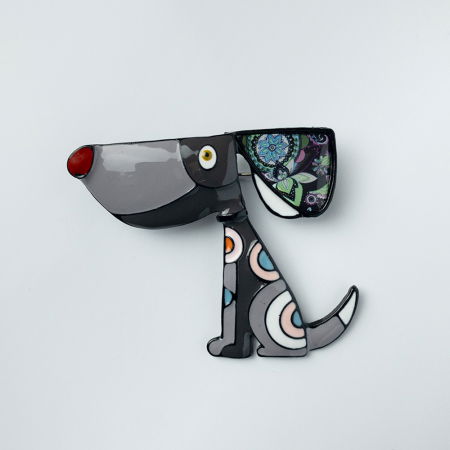 Promoții Accesorii & Bijuterii - Brosa metalica, catelus haios in nuante de gri si negru