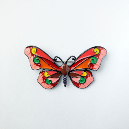 BIJUTERII - Brosa metalica emailata fluture rosu cu roz