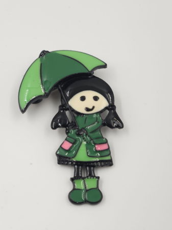 Bijuterii Fashion - Brosa metalica, fetita cu umbrela in nuante de verde