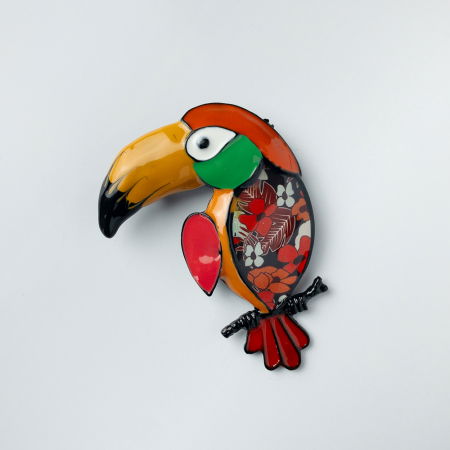 Broșe - Brosa metalica, pasare exotica in nuante de rosu