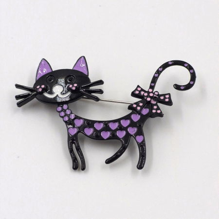 Promoții Accesorii & Bijuterii - Brosa metalica pisicuta neagra cu inimioare mov si fundita