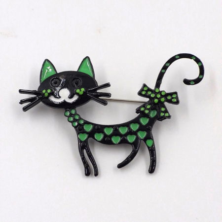 Promoții Accesorii & Bijuterii - Brosa metalica pisicuta neagra cu inimioare verzi si fundita