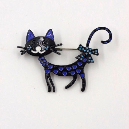 Promoții Accesorii & Bijuterii - Brosa metalica pisicuta neagra cu inimioare albastre si fundita