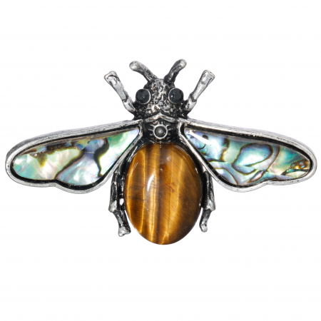 Broșe - Brosa pandant argintie cu scoica naturala paua shell, albina cu corp din piatra naturala ochi de tigru