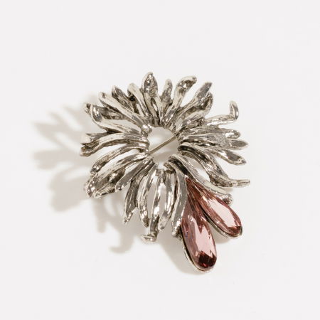 Broșe - Brosa pandant metalica argintie, floare stilizata de papadie cu 2 petale din sticla fatetata