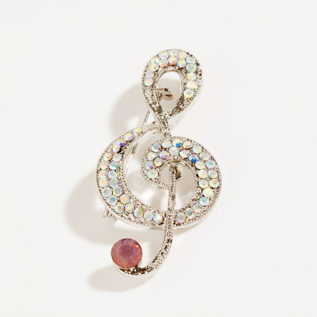 Broșe - Brosa pandant metalica argintie, cheia SOL cu pietricele fine rozalii